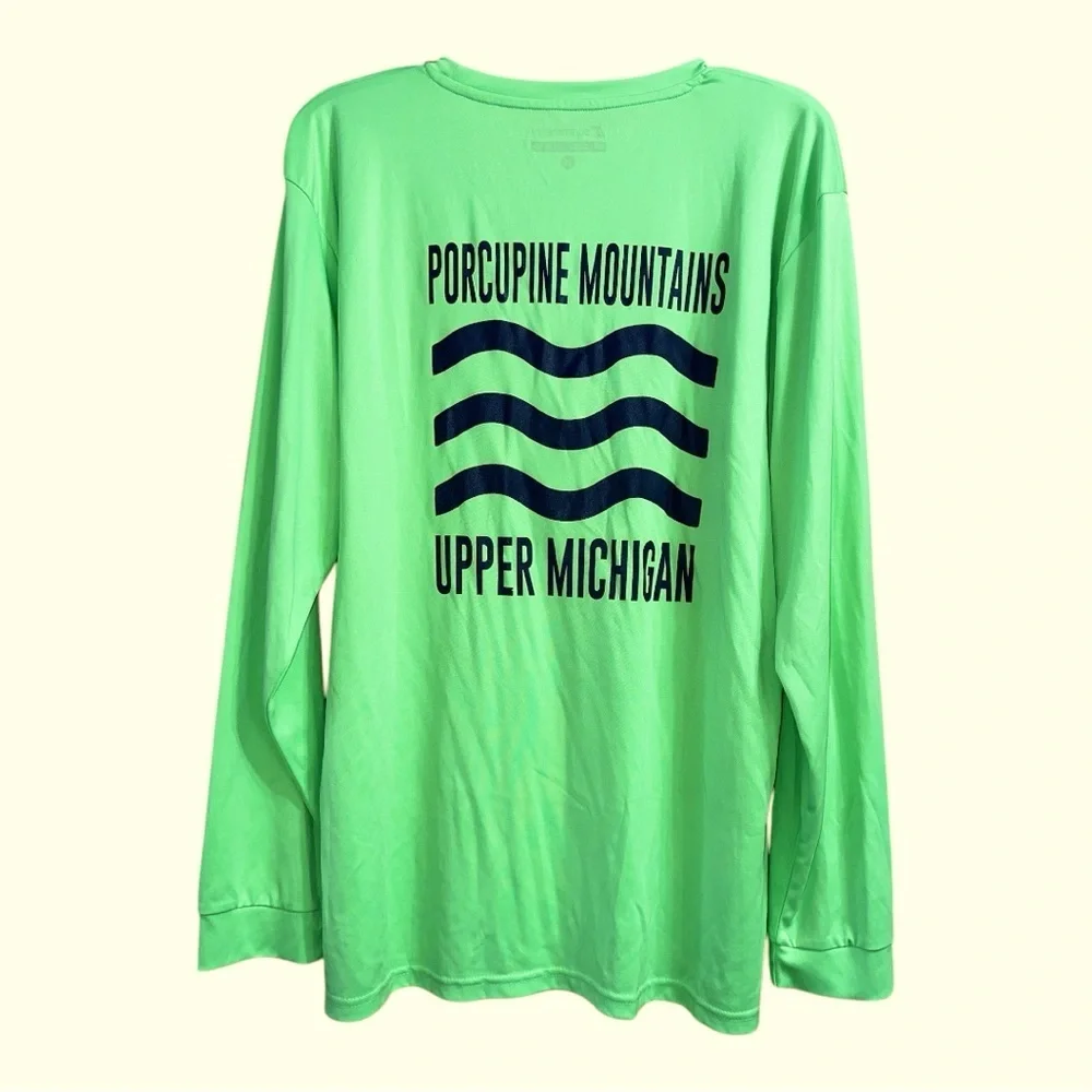 Porcupine Mountains Upper Michigan Neon Green Long Sleeve Shirt, XL - Picture 3 of 3